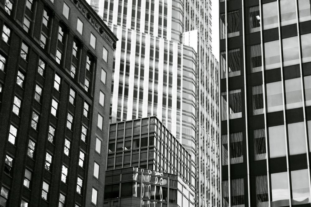 Monochrome photo of different glass facades in New York city, NY, USA