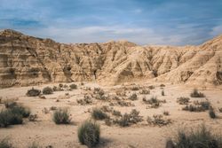 Amazing landscape of desert hills on background of blue sky