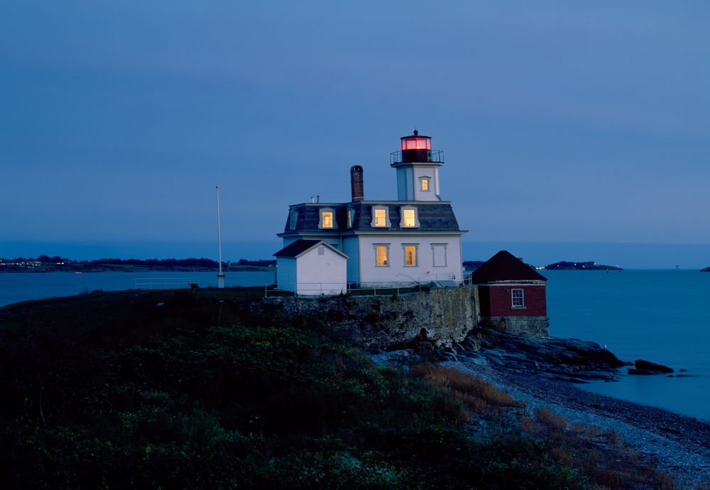 Rose Island Lighthouse it at night, Newport, Rhode Island