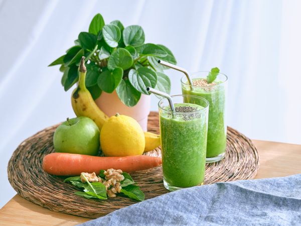 Tray with healthy breakfast on it