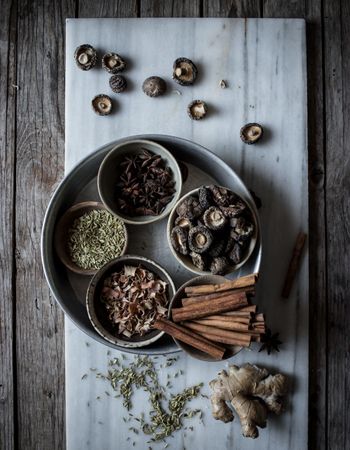Spices and dry mushrooms on board
