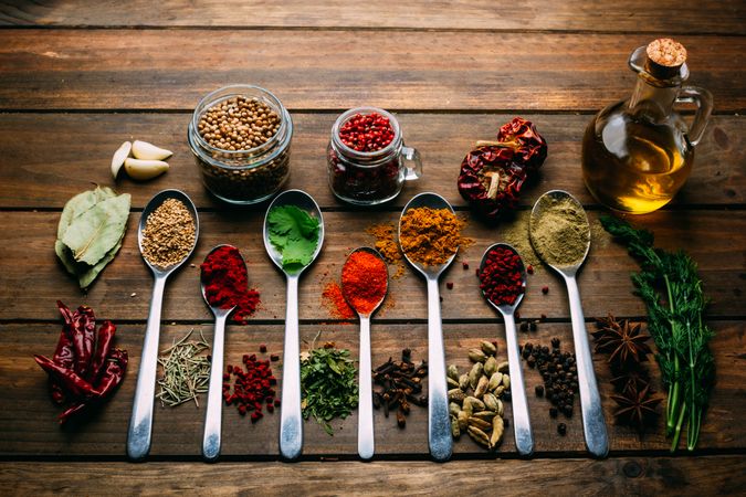 Set of various spices on table