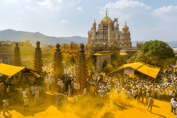 Jejuri, Maharashtra, India - Dec 30, 2024: Palkhi of Lord Khandoba at the famous and beautiful Khandoba temple at Jejuri during the festival of Somvati Amavasya