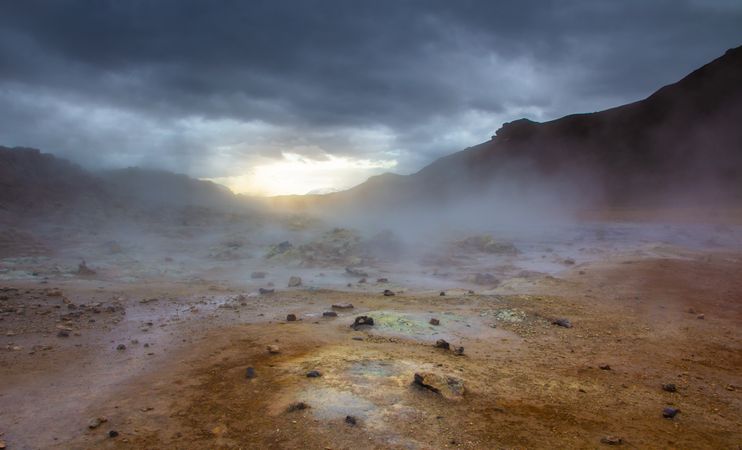 Steam over rough ground in cloudy morning