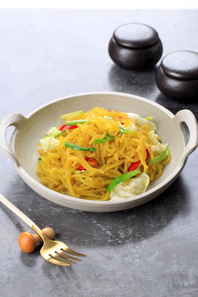 Mie Glosor or Mie Gelosor. Glossy Yellow Noodles popular in Bogor, West Java. Noodle Made from Tapioca