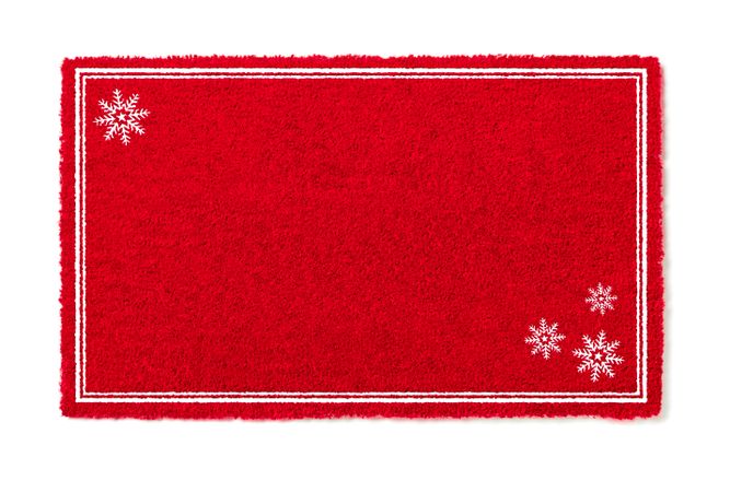 Blank Holiday Red Welcome Mat With Snow Flakes Isolated on Background