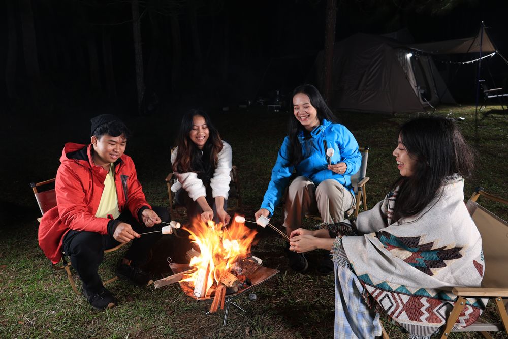 Asian Friends Camping and Making Smores at Campfire, Late Night Outdoor Activity