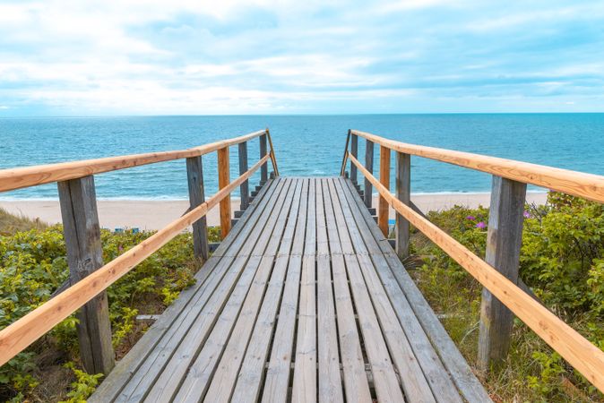 Wooden stairs leading to the beach on Sylt island, in North Sea, Germany