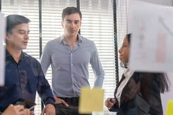 Business team looking at sticky notes on glass board plan and discuss project together