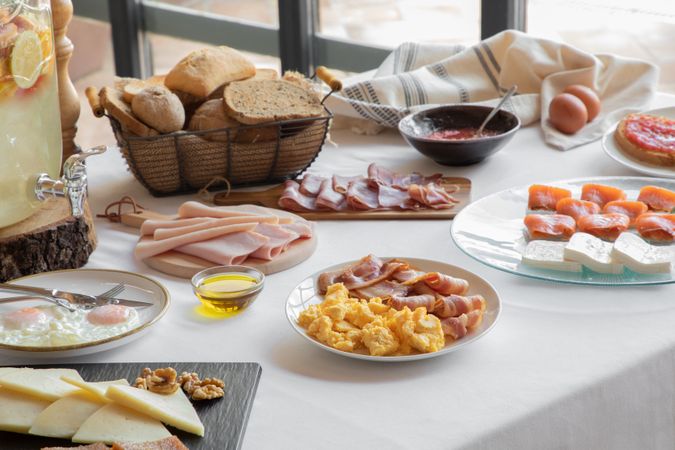 Nutritious breakfast food on tablecloth