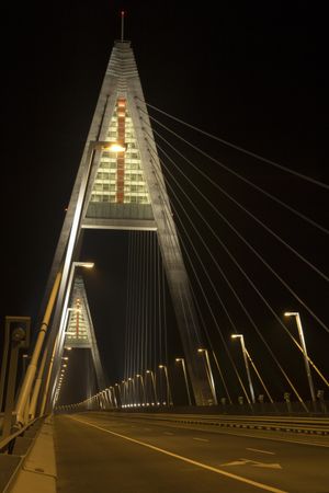Megyeri Bridge, foot bridge, by night in Budapest, vertical