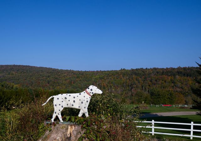 Dalmatian figure in the grass outside the Dog Chapel, St. Johnsbury, Vermont