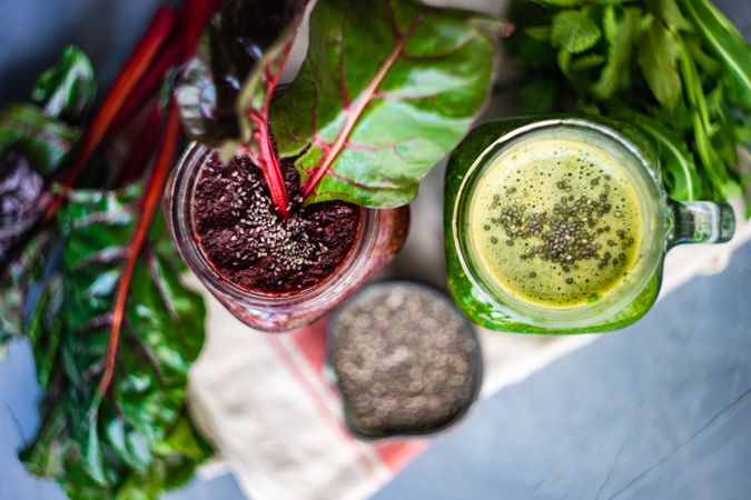 Top view of beet and green smoothies with chia seeds
