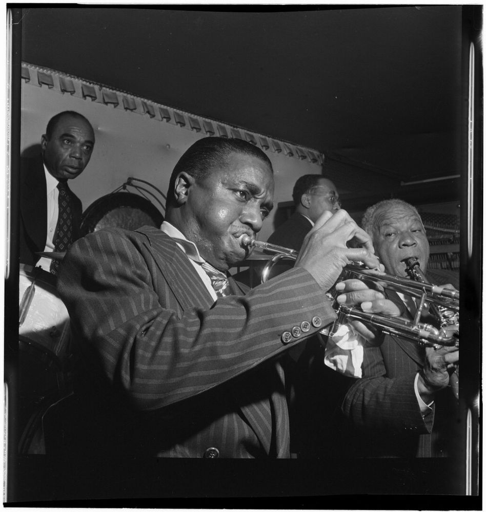 New York City, New York, USA - June 1947: Portrait of Hot Lips Page, Sidney Bechet, Freddie Moore