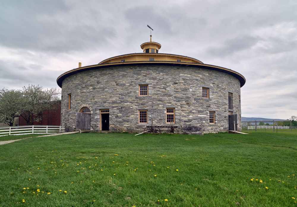 The 1826 round stone barn at Hancock Shaker Village in Hancock, Massachusetts