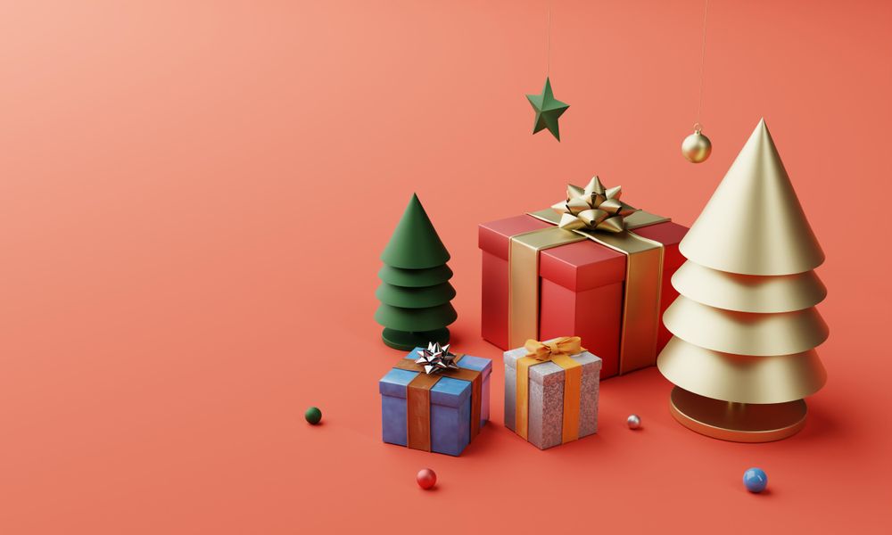 Wrapped red present with ornamental tree and star
