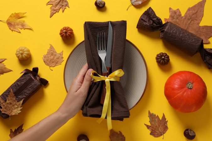 Concept of Thanksgiving day, Autumn table setting, top view
