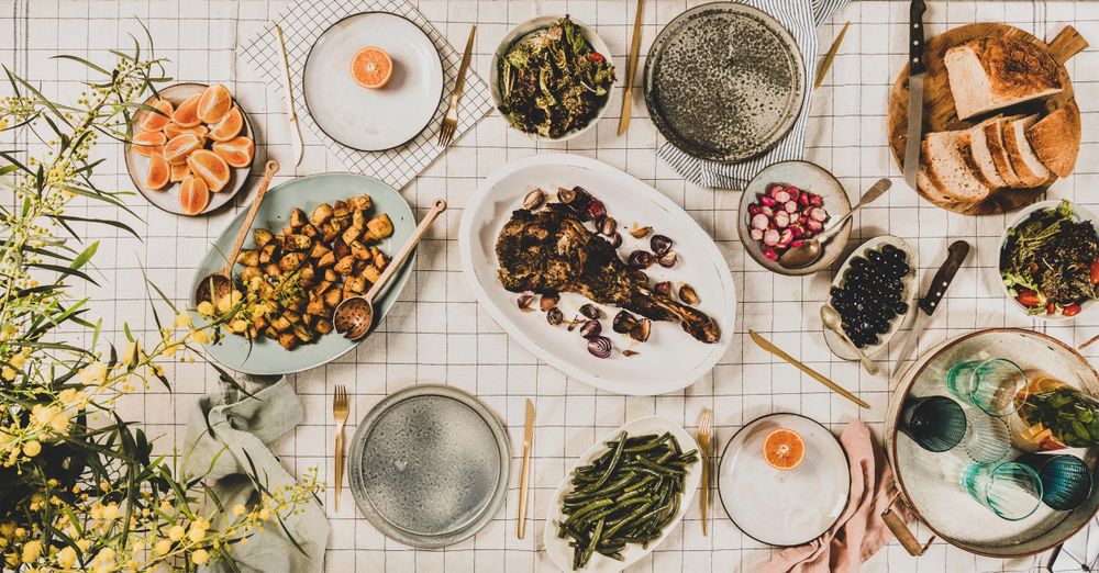 Flat-lay of Mediterranean table setting, with plant
