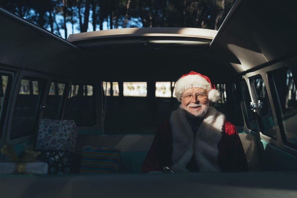 Cheerful Santa Claus sitting in van