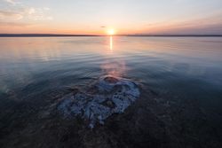 Dreamy sunrise over geothermal feature in Yellowstone National park