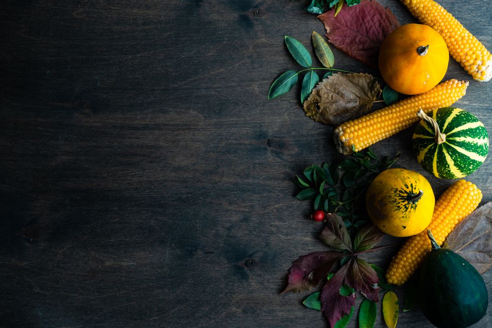Top view of mini squashes and corn with autumn leaves on wooden table with space for text
