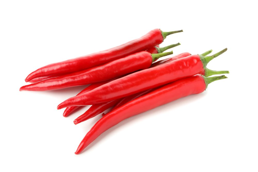 Tasty red chilli peppers isolated on blank background