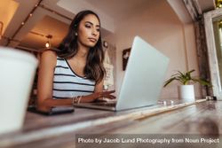 Woman blogger working on laptop at home bEepVb