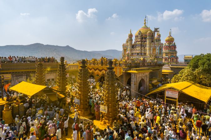 Jejuri, Maharashtra, India - Dec 30, 2024: Palkhi of Lord Khandoba at the famous and beautiful Khandoba temple at Jejuri during the festival of Somvati Amavasya
