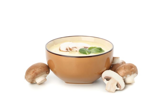 Mushroom soup with ingredients in bright table