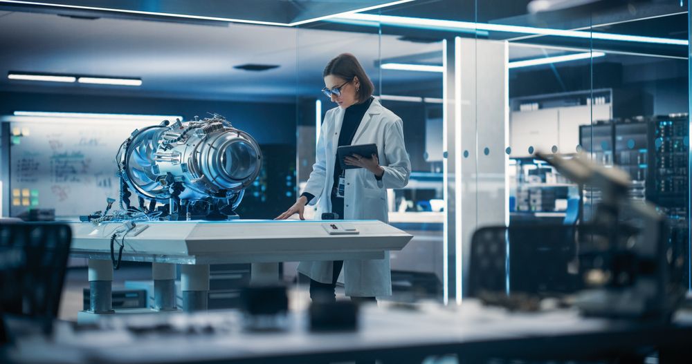 Chief Engineer Using Tablet Computer, Analyzing and Researching How a Futuristic Turbofan Motor Works.