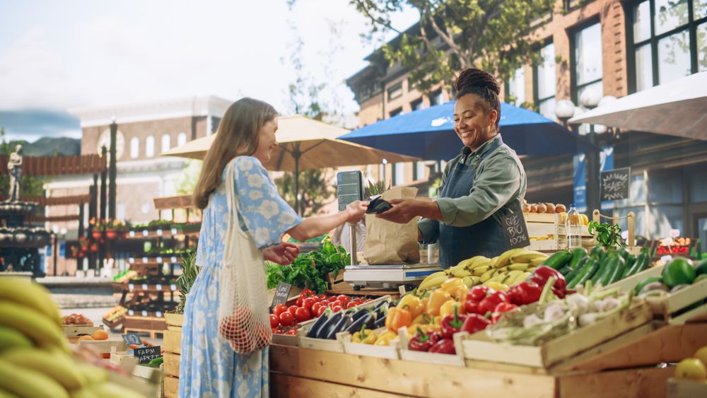 Successful Street Vendor Managing a Farm Stall at an Outdoors Eco Market