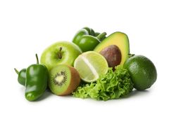 Fresh green vegetables and fruits isolated on blank background