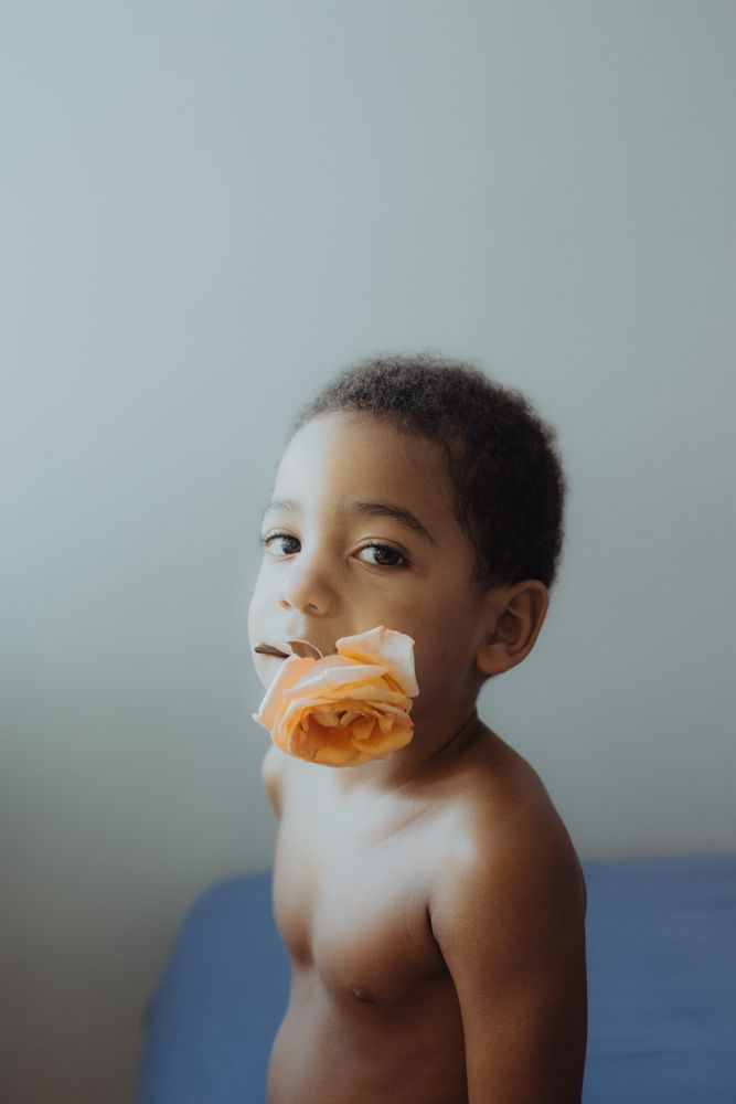 child sitting in cozy room with rose in mouth