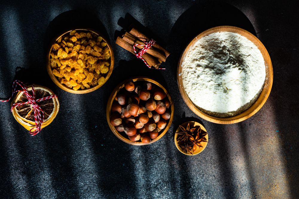 Top view of baking ingredients in bowls