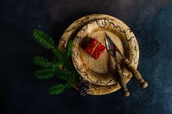 Top view of rustic holiday table setting