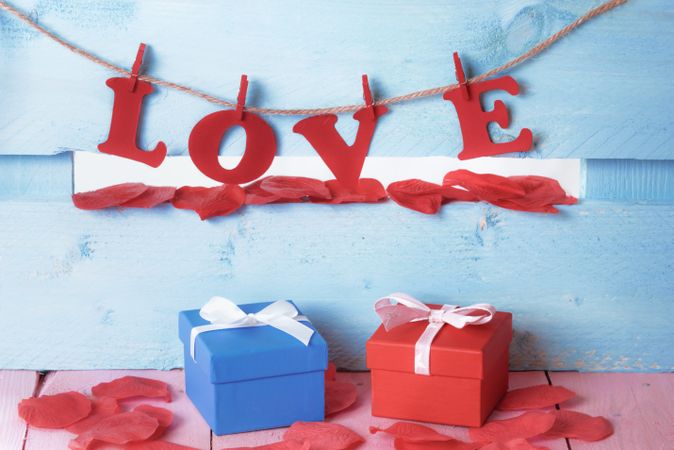 Red and blue gifts and word love