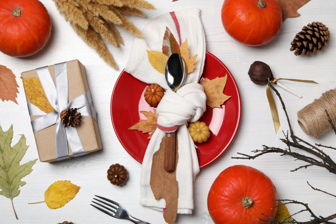 Concept of Thanksgiving day, Autumn table setting, top view