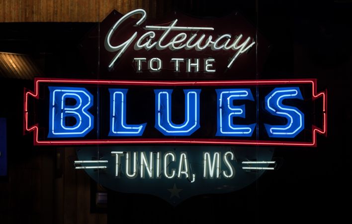 Neon sign at the visitor center promoting Tunica, Mississippi