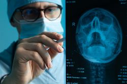 Doctor analyzing skull X-ray with stylus