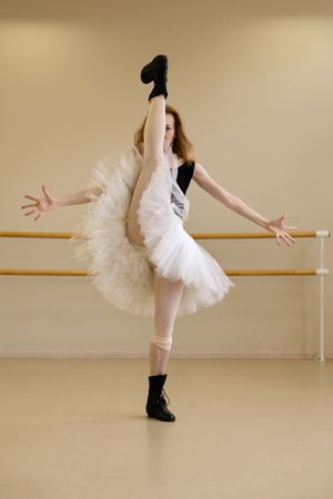Ballerina in shoes and tutu, arms extended
