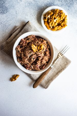 Top view of Georgian bean dish lobio with nuts