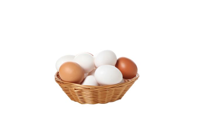 eggs in a round basket, isolated on blank background.