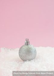 Silver Christmas decorations sitting in snow 43W9V4