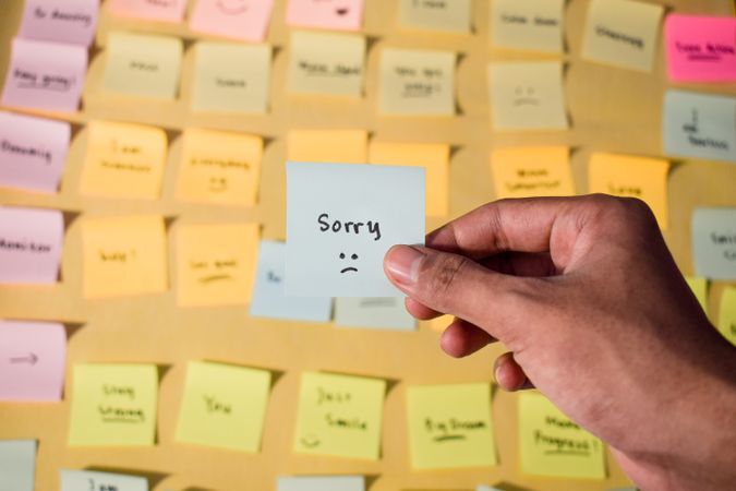 Hand hold sticky notes with words sorry