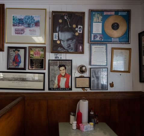 Booth and mementos at Johnnie's Drive-in restaurant, Tupelo, Mississippi