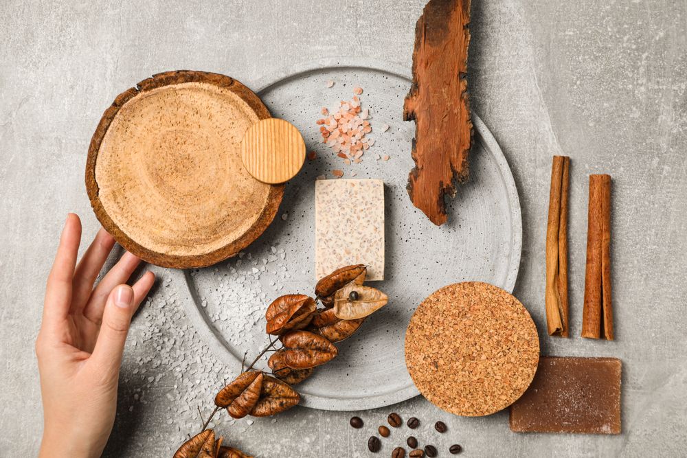 Flat lay of creative moodboard composition, top view