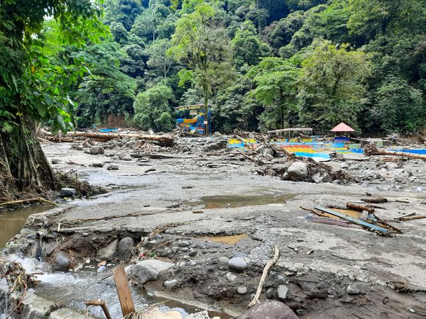 Tanah Datar, Indonesia - May 12, 2024: condition of the Mega Mendung water park which was affected by cold lava flash floods, natural disasters in Lembah Anai, Sepuluh Koto District, Tanah Datar Regency, West Sumatra, Indonesia