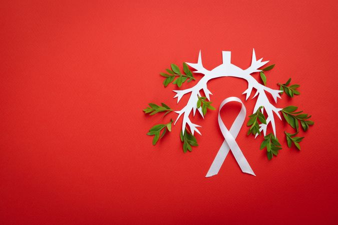 Lung bronchus on red background with ribbon and foliage with copy space