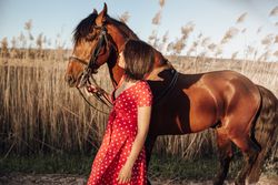 Young woman with horse on ranch