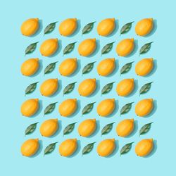 Lemons and leaves pattern on pastel blue background